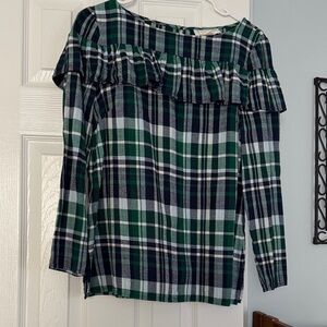 Plaid Ruffle Women's Top - Green and Blue- Sail to Sable- size M